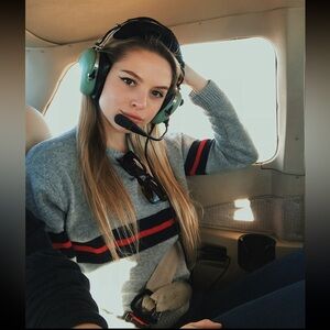 Brandy Melville Gray Crewneck Sweater with Red & Navy Stripes